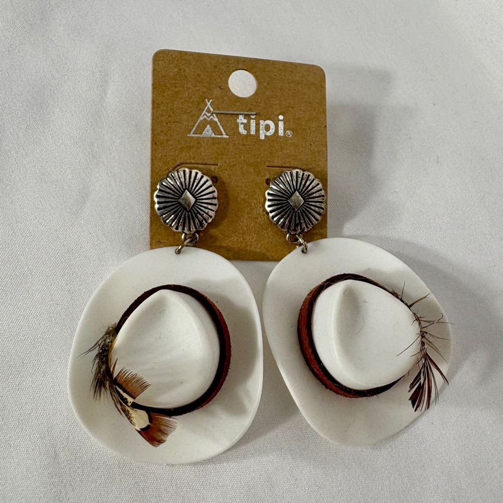 Tipi White Cowboy Hat Earrings Turquoise Feather Western Boho Jewelry - Picture 4 of 7